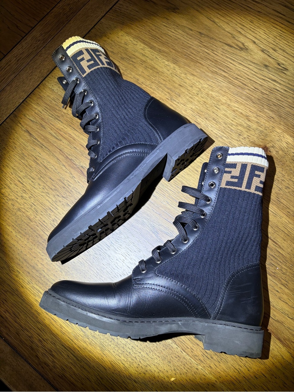 Fendi Black Lace-Up Combat Boots with Cream & Brown Logo Cuff